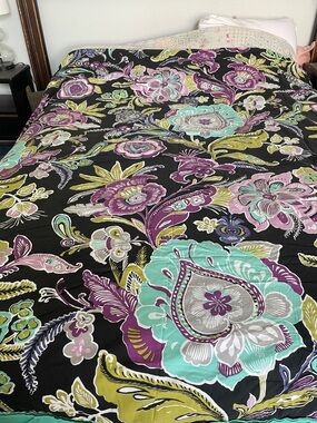 Pottery Barn Teen Black Floral Duvet Cover with Teal Pink Purple Accents